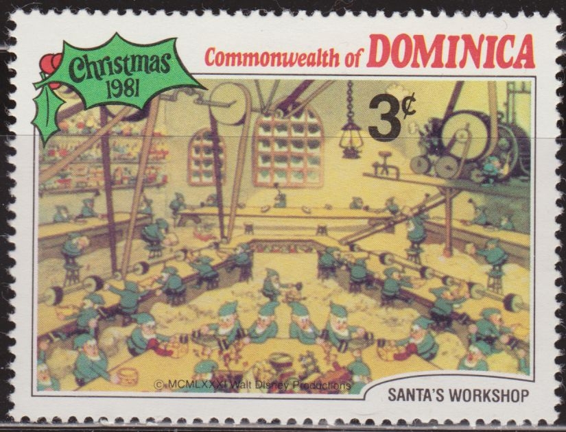 z vendido Dominica 1981 Scott 709 Sello ** Walt Disney Nöel Navidad Christmas Santa's Workshop 3c